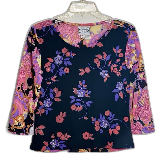 Surya Blouse Top 3/4 Sleeve Floral Embellished Multicolor Stretch Mesh S - Picture 1 of 7